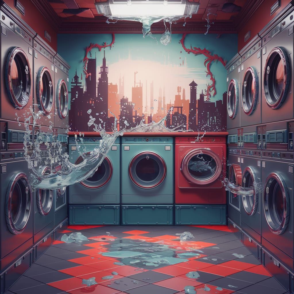 Fantastical Laundry Room with Cityscape Background