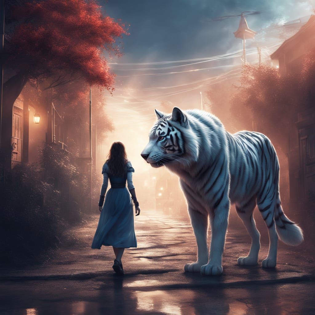 Ethereal Encounter: Woman Meets Tiger in Vibrant Fantasy Rea...