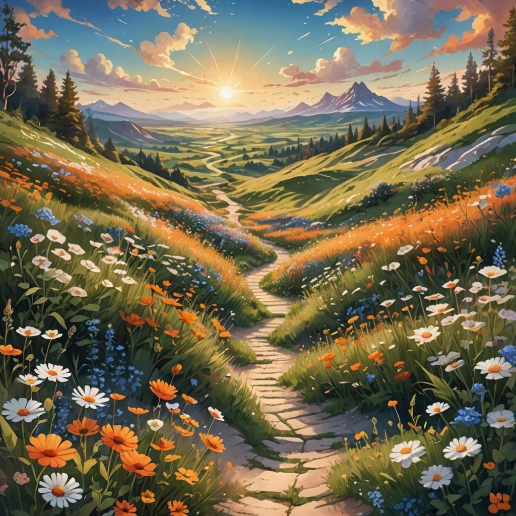 Flower Path to Sunny Horizon: Digital Matte Painting