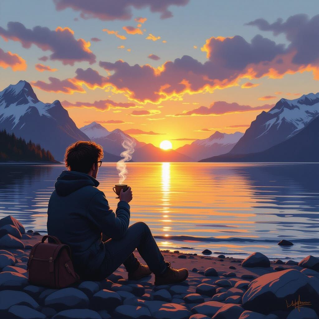 Sunset Beach Contemplation in Photorealistic Style