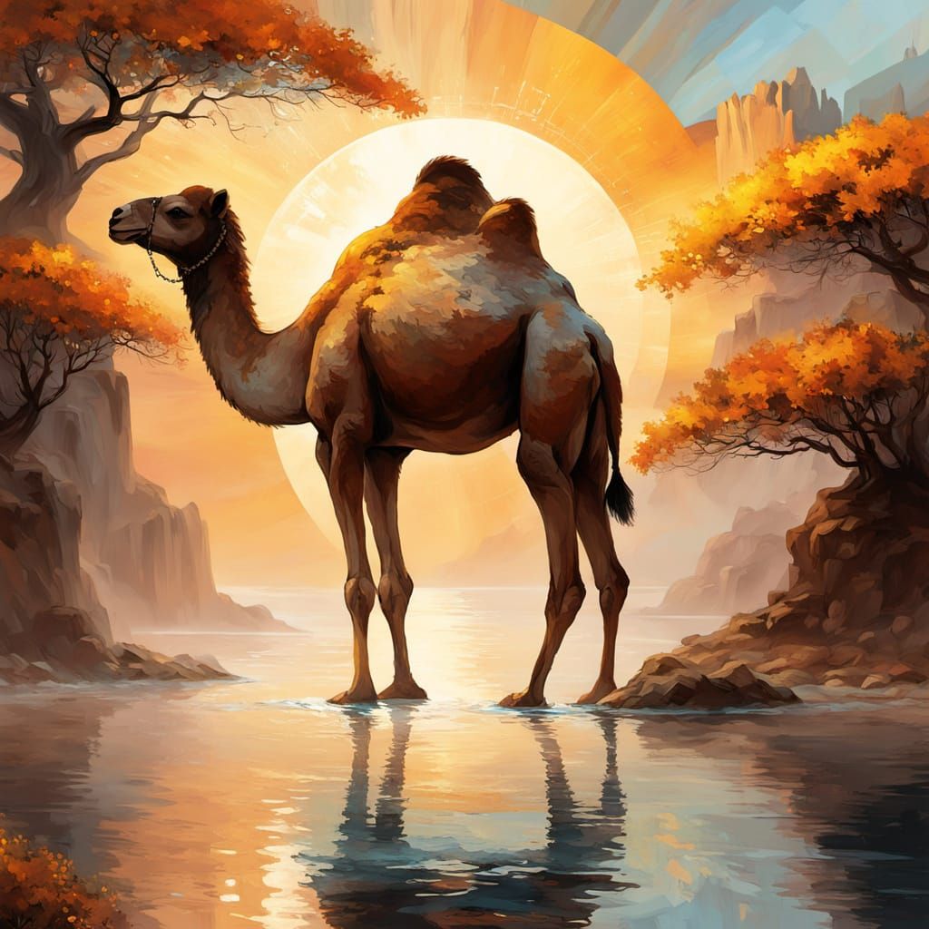 African Nomad in Dreamy Oasis at Desert Sunset with Bonsai-I...