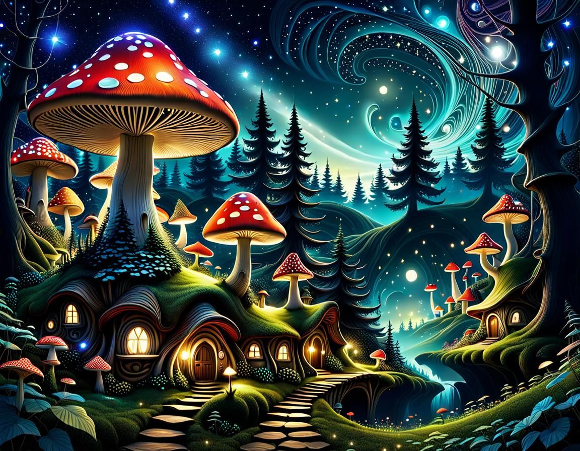 Fantasy Troll Village in Enchanted Forest, Klimt Style