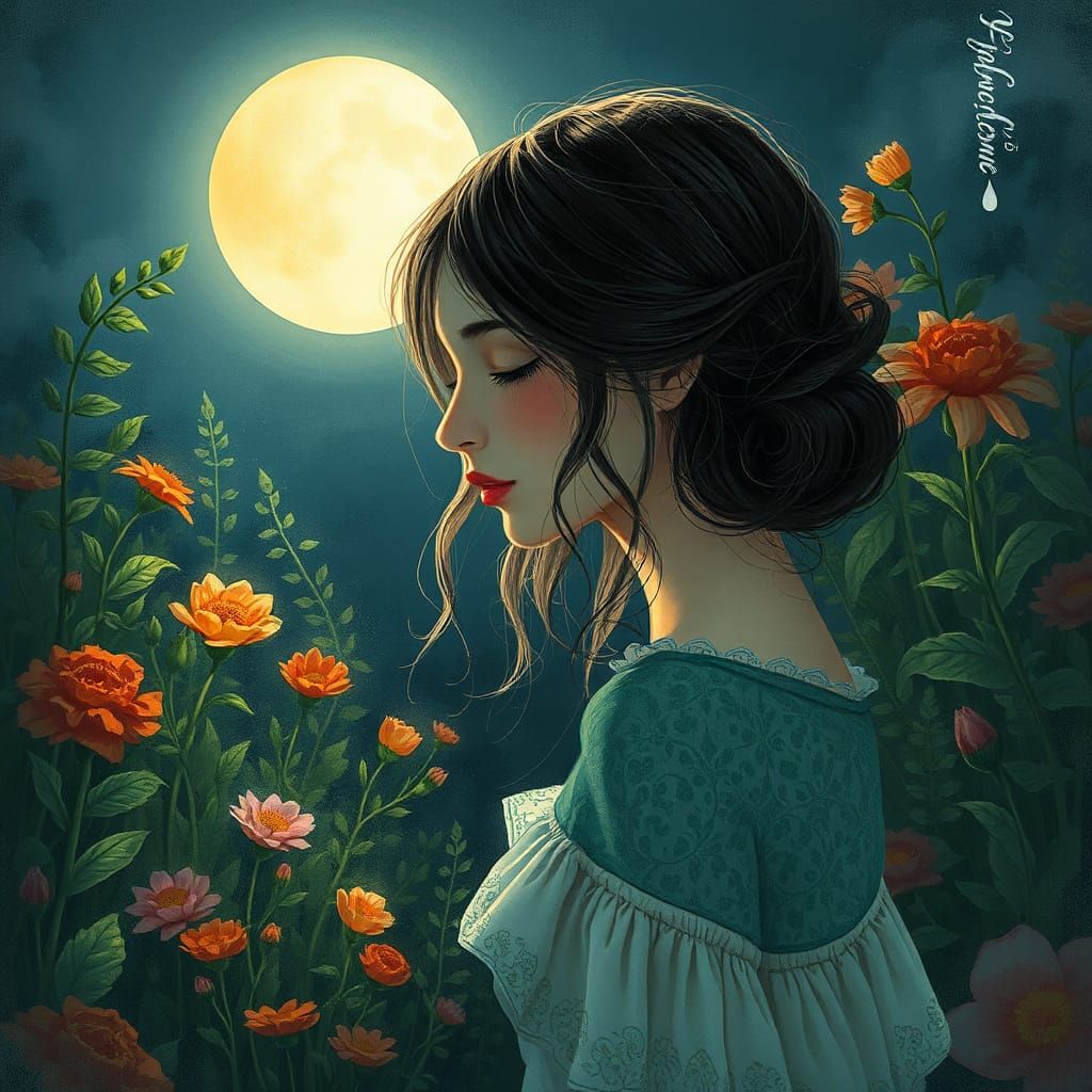 Moonlit Whisper: Dreamy Illustration in Ethereal Style