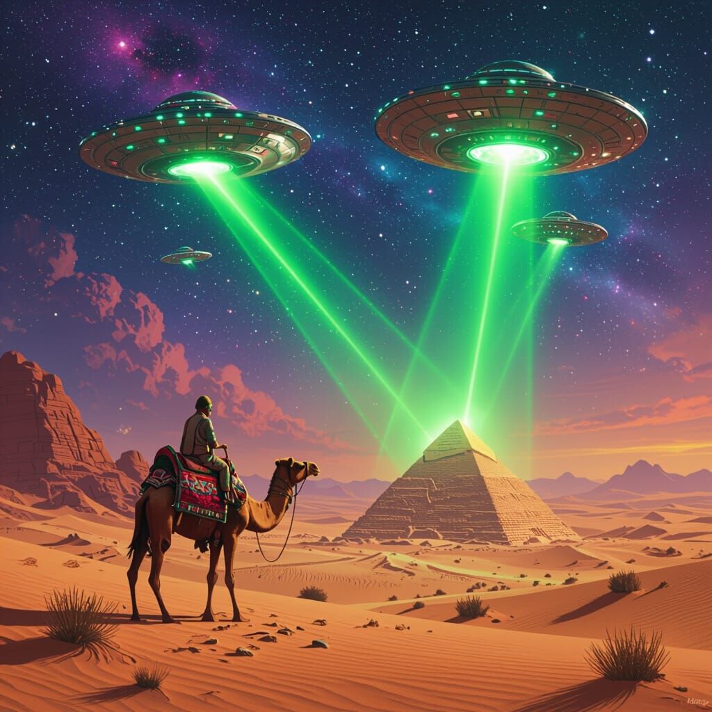 Cosmic Oasis: Ornate UFOs Illuminate Pyramid