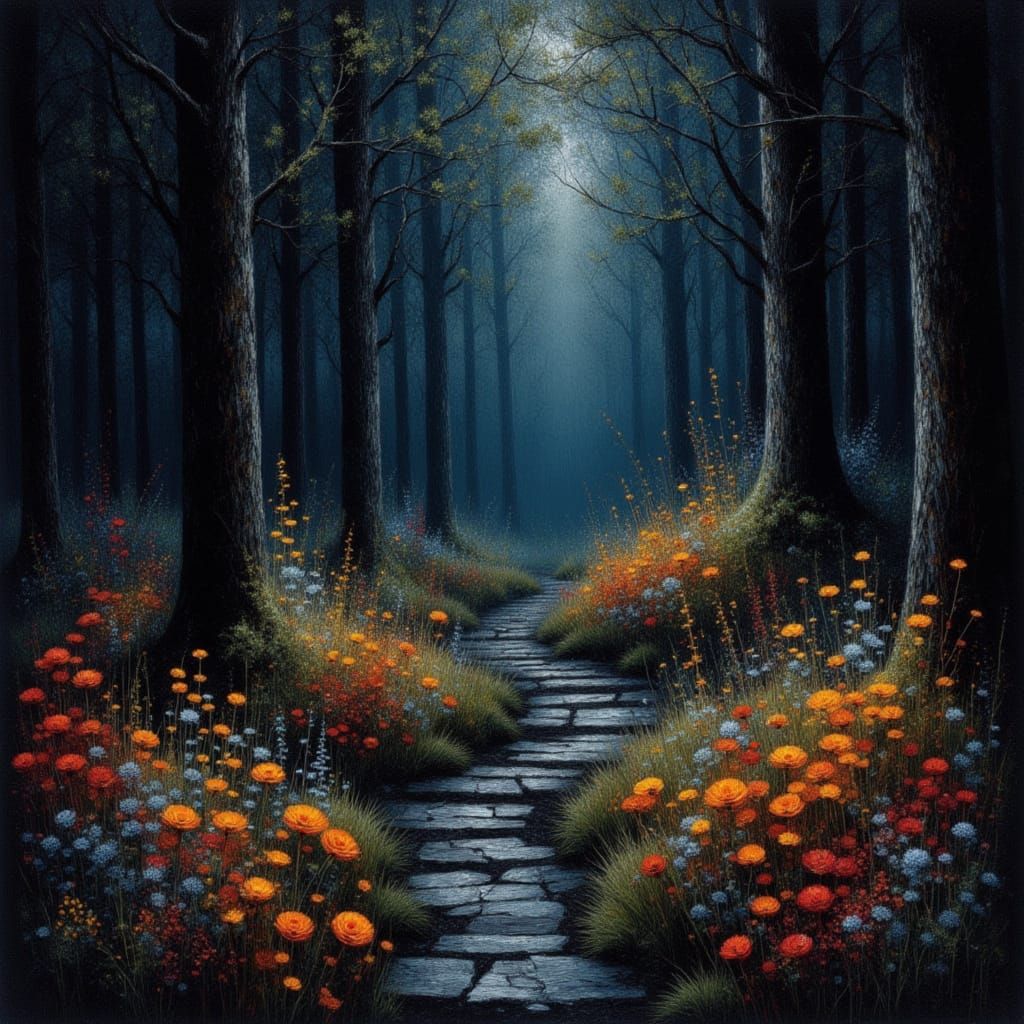 Enchanted Haunted Forest at Night in Scratch Art Style