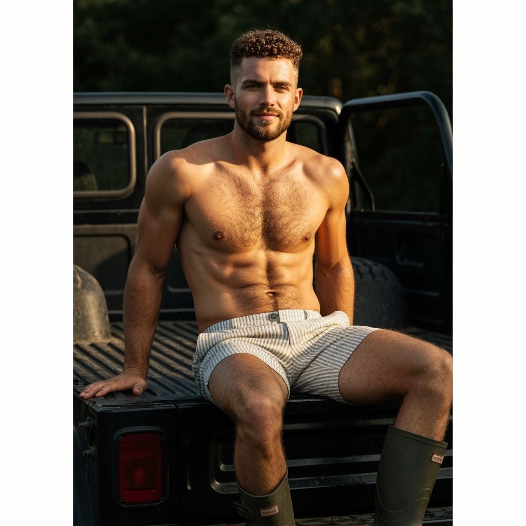 Athletic Man in Sunlight on Jeep Flatbed