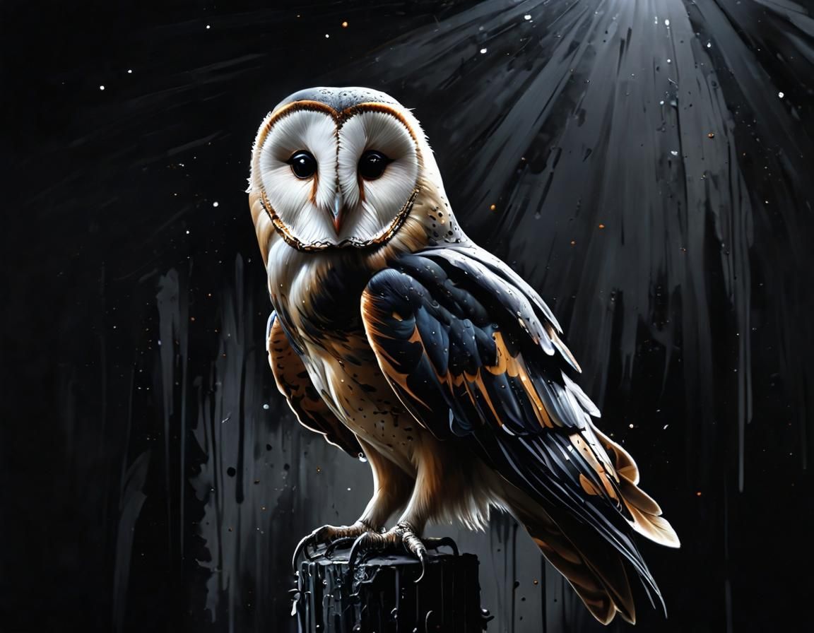 Grunge Barn Owl Emerging from Black Canvas