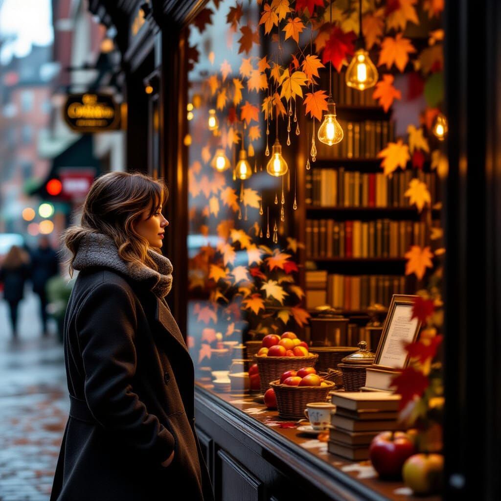 Autumn Proprietress Brews Tea in Misty Forest Shop Window