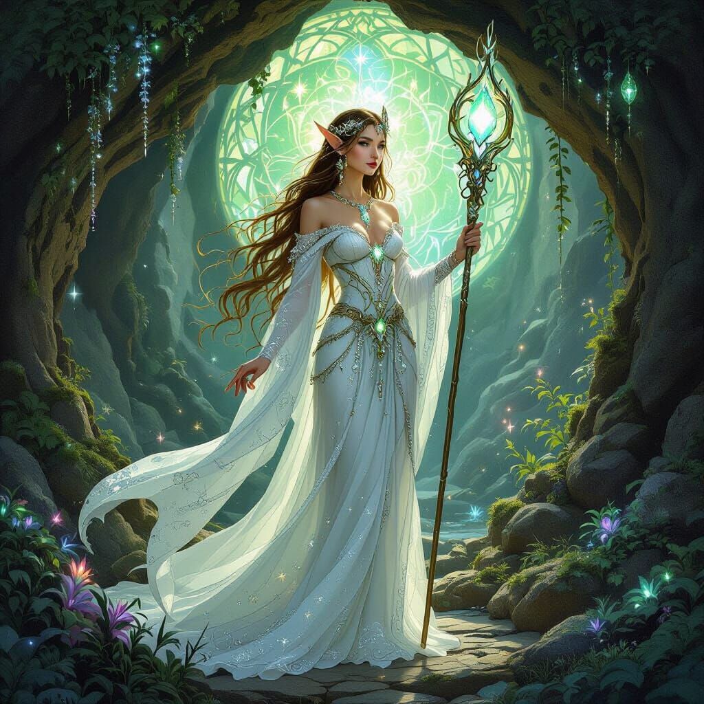Elven Goddess in Bioluminescent Grotto, Art Nouveau Style