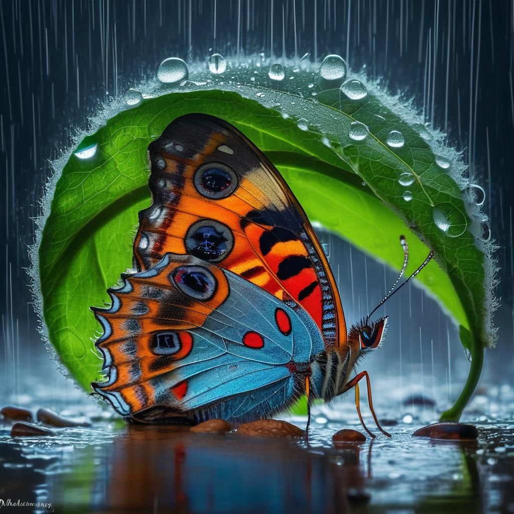 Butterfly resting under a leaf during a heavy rain storm