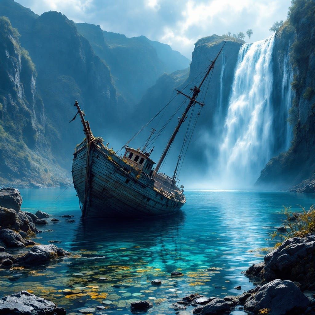 Weathered Shipwreck Amidst a Dreamlike Landscape