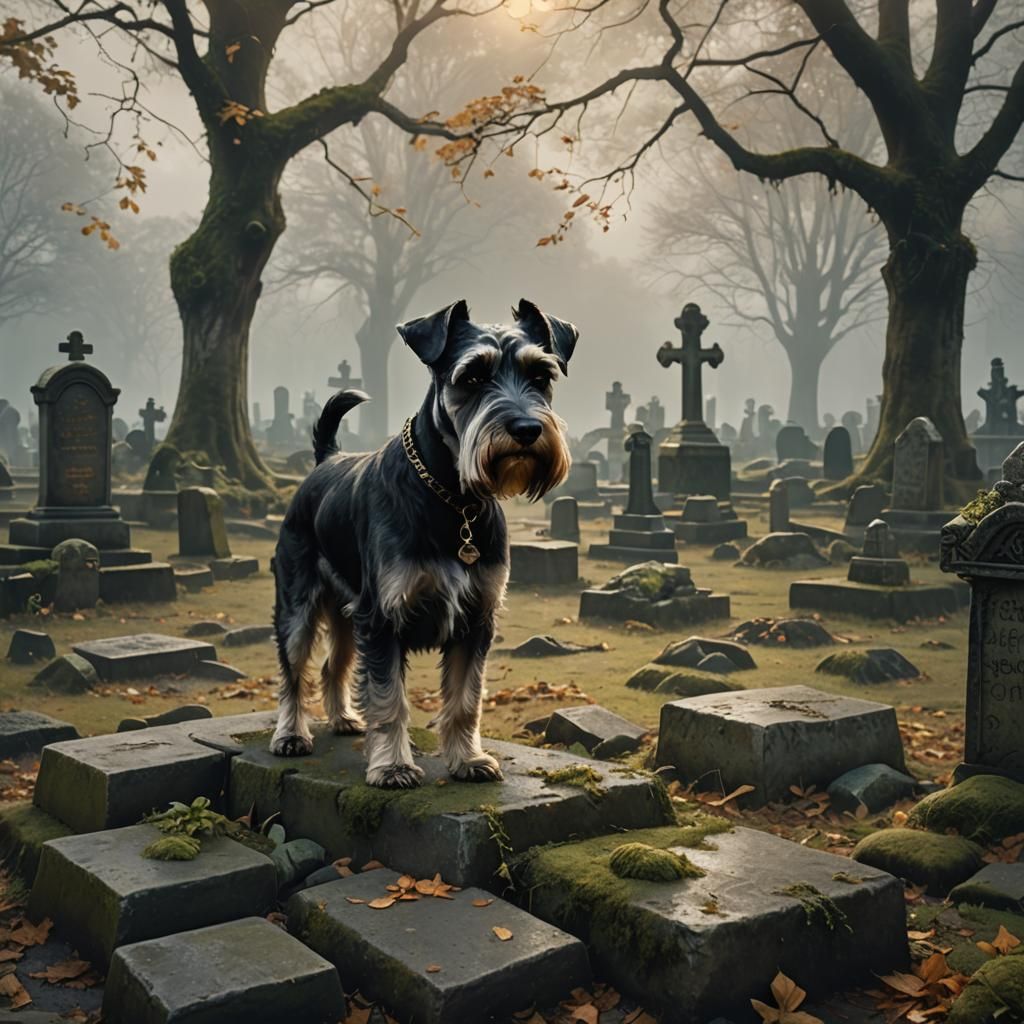Schnauzer Digging in Misty Cemetery: Oil Painting