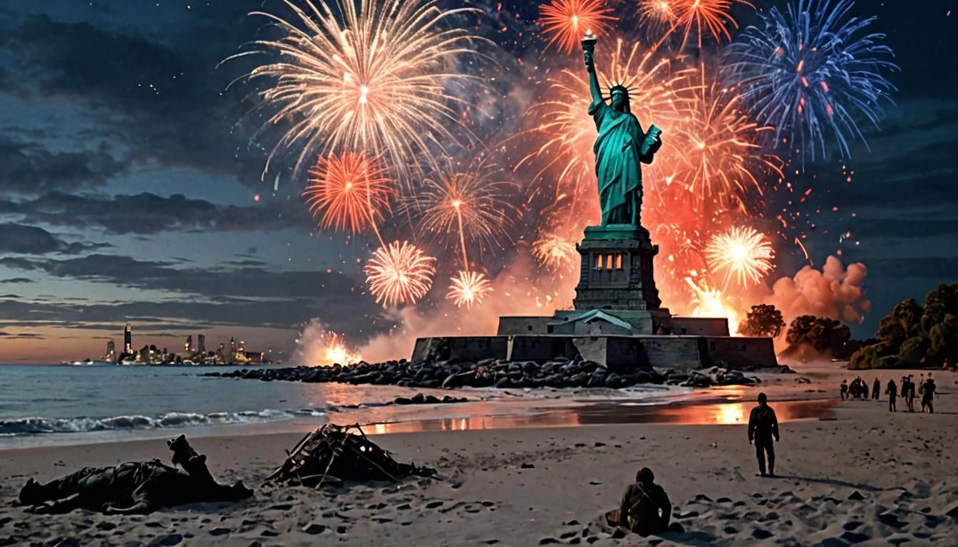 Planet of the Apes with the Statue of Liberty, torch held hi...