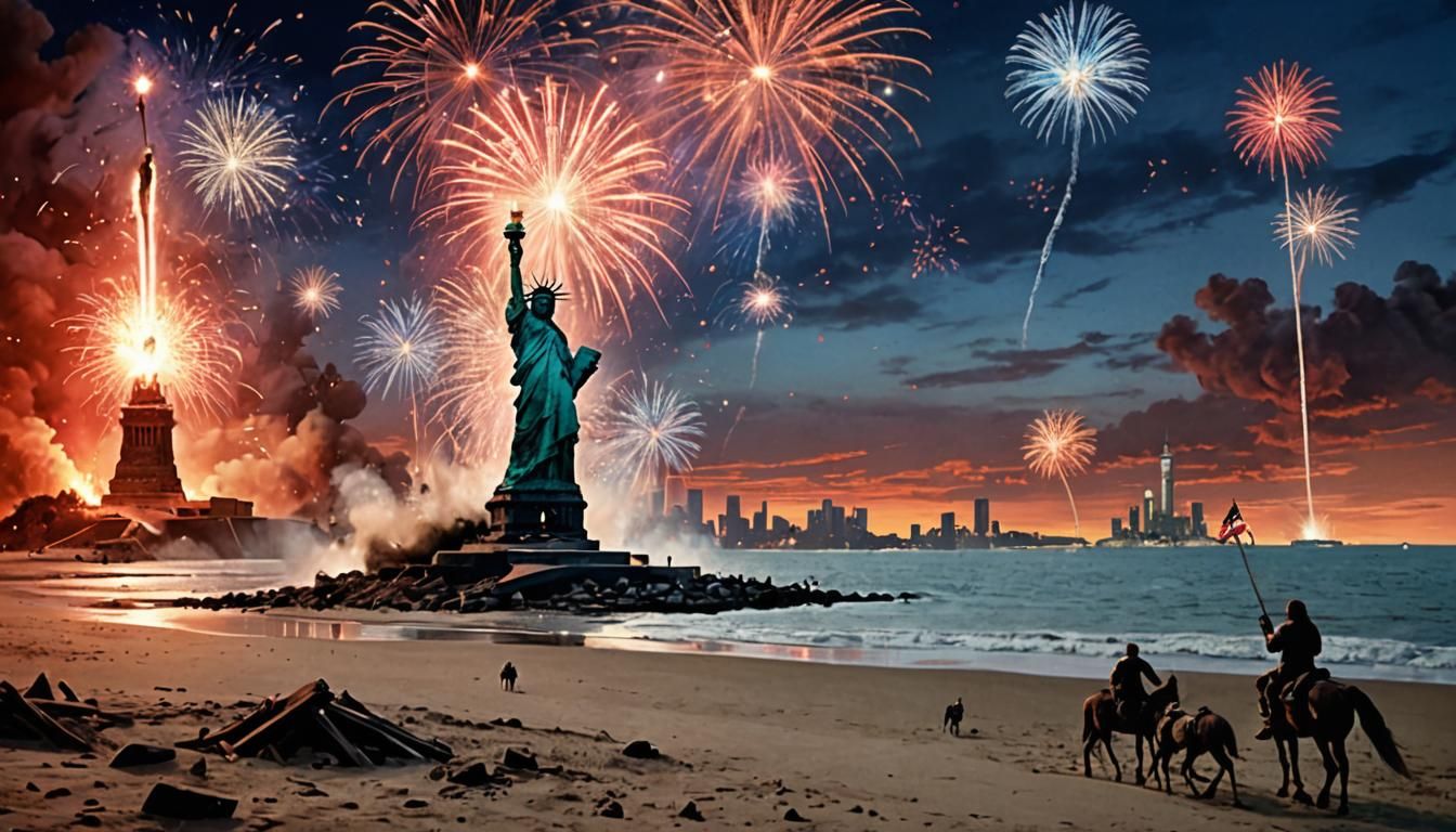 Planet of the Apes with the Statue of Liberty, torch held hi...