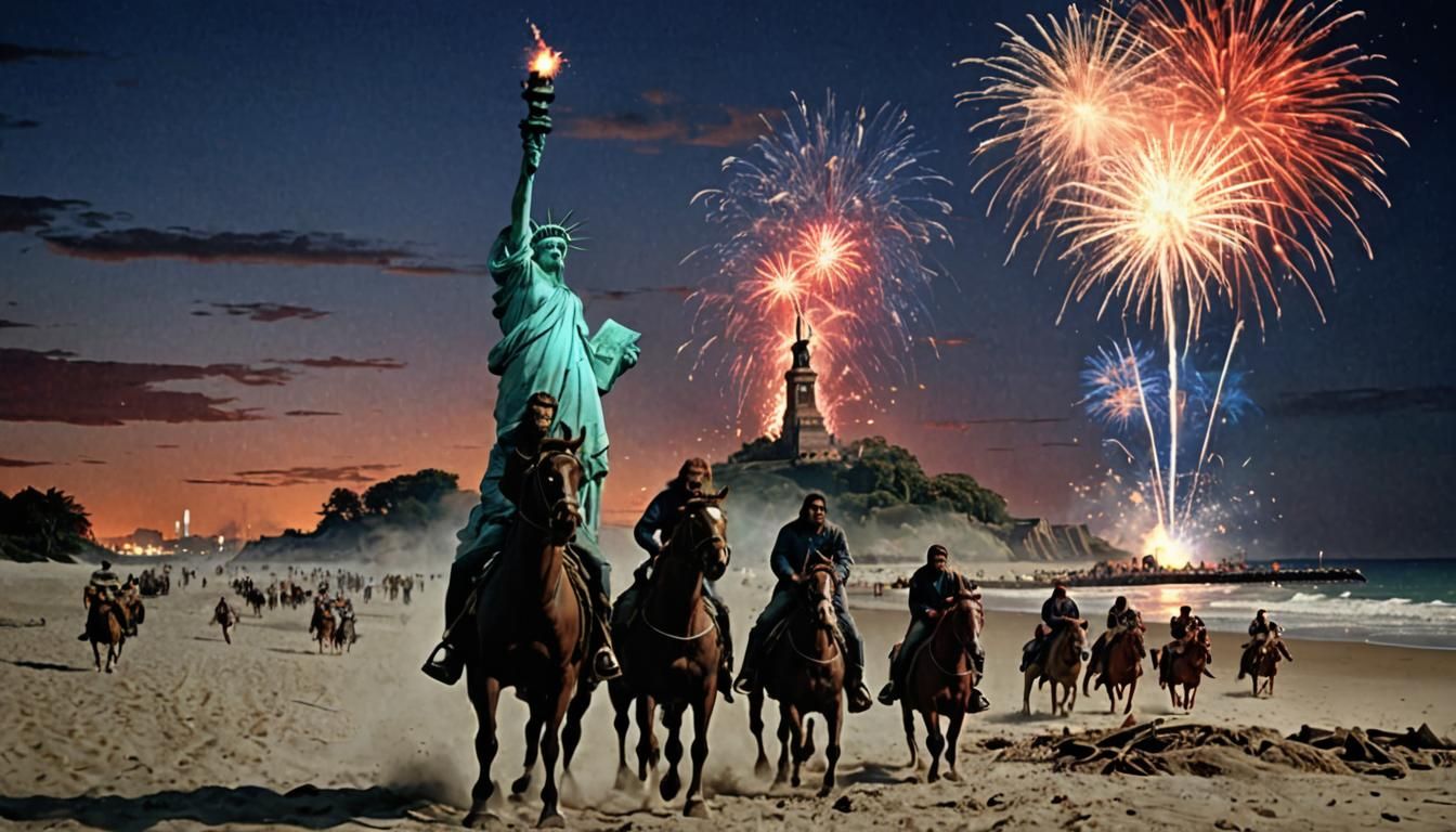 Planet of the Apes with the Statue of Liberty, torch held hi...