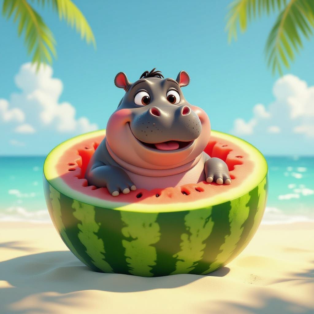Happy Hippo Peeking From Watermelon on Beach