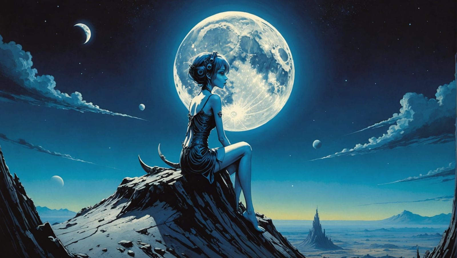 Blue Cyborg Girl on the Moon in Burton Style