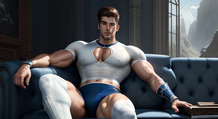 Muscular Man on Couch: Detailed Digital Art