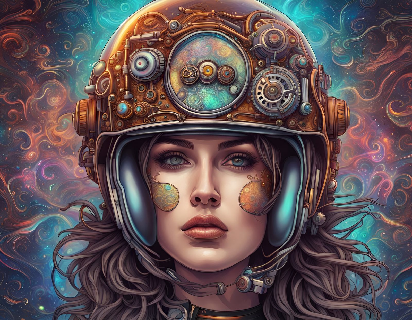 Steampunk Woman with Motorcycle Helmet in Astral Style
