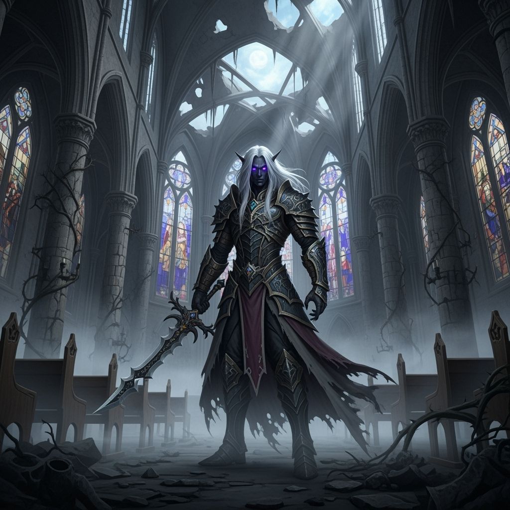 Battle-Scarred Drow Warrior in Ruined Cathedral