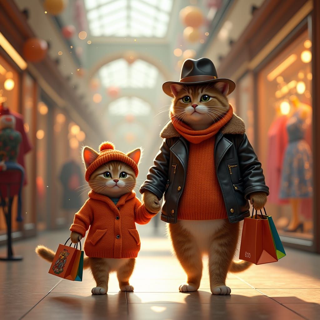 Cats Shopping for Shirts in Mall: 3D Render