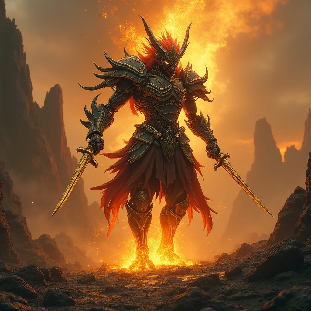 Biomechanical Ninja Emerges from Molten Gold Volcano