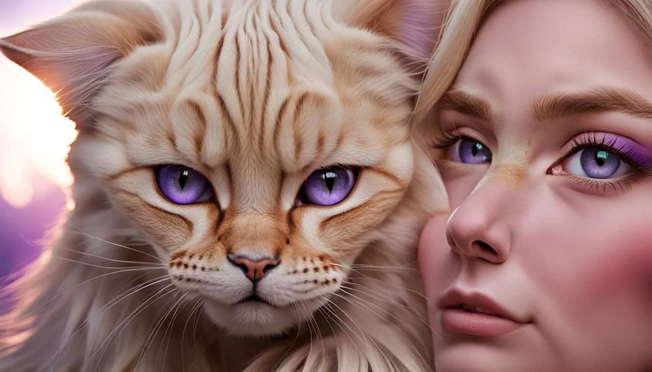 Blonde Cat and Woman Face Close-Up, Professional Photography