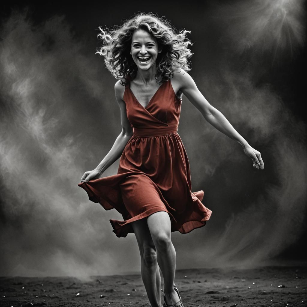 Monochrome Portrait of Woman in Red Dress