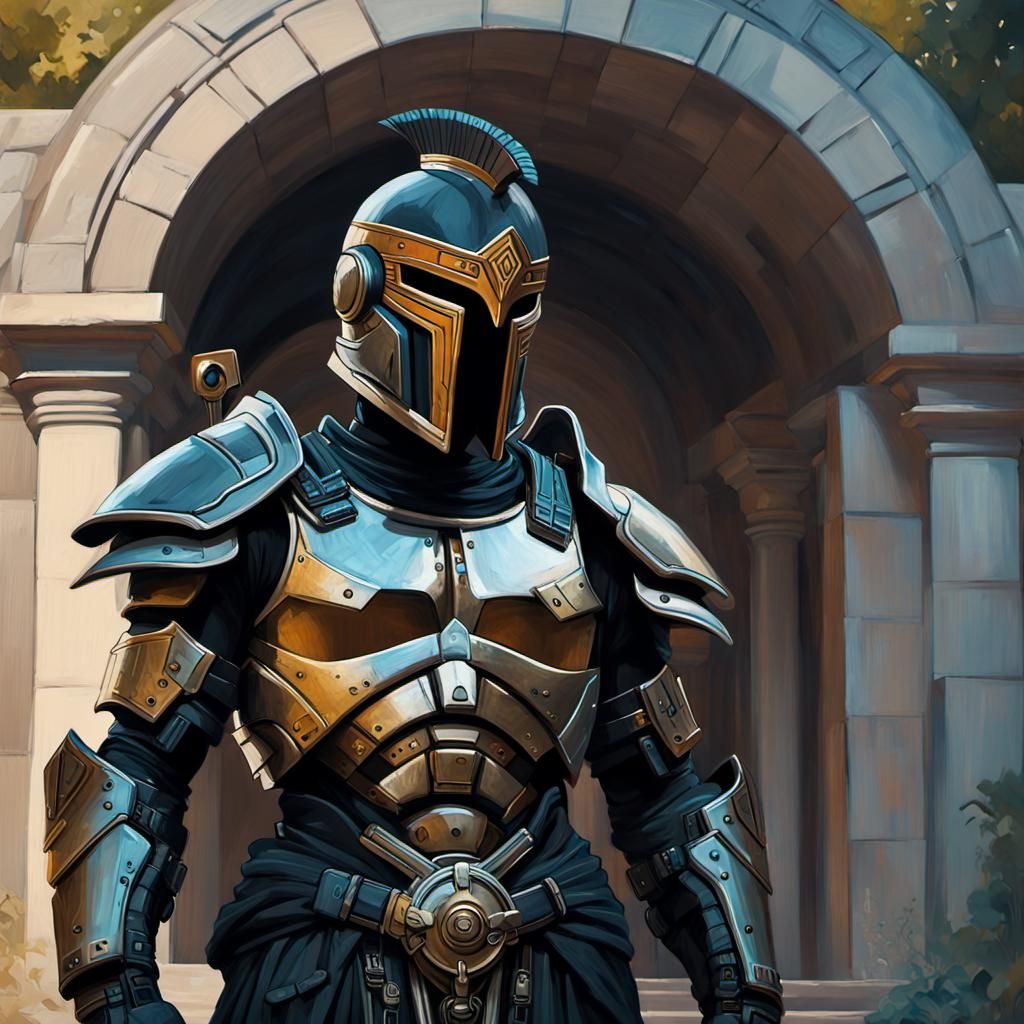 Cyberpunk Spartan Warrior in Noir, Digital Painting