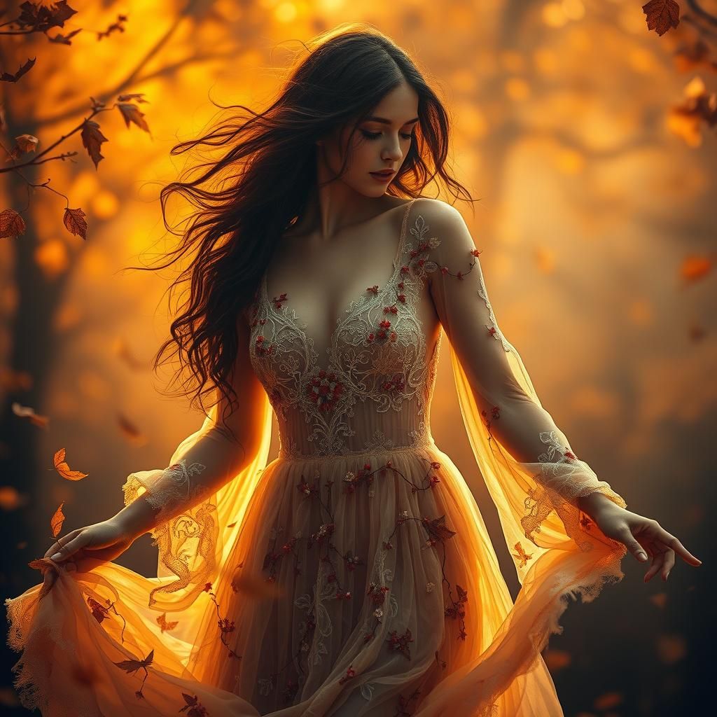 Ethereal Autumn Woman Dancing in Golden Light