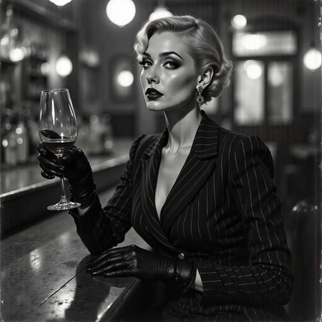 Golden Age Hollywood Woman Sips Wine at Bar in Monochrome
