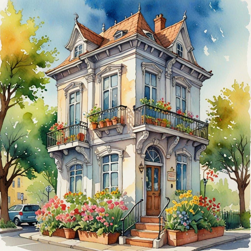 Whimsical Wonky Watercolor Building with Balcony and Flowers...