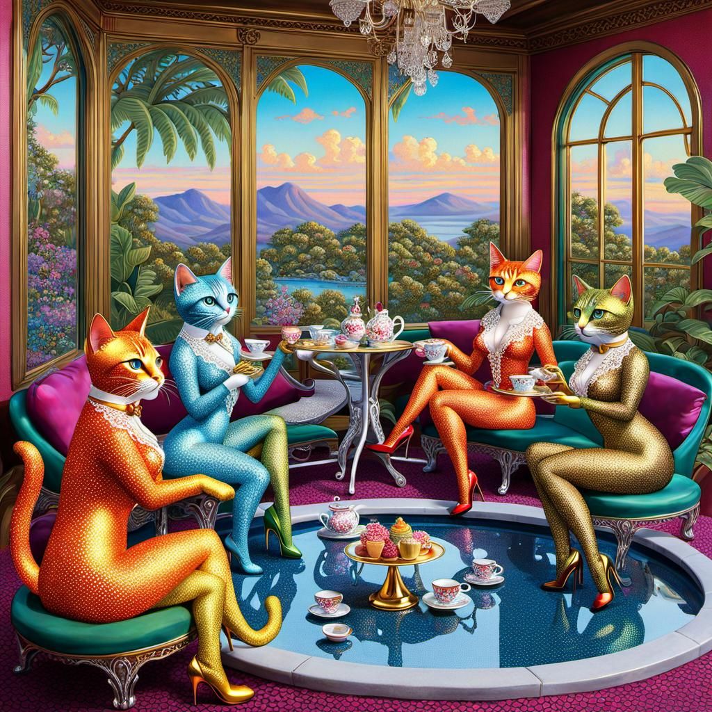 Metallic Cat Girls' Tea Party in Pointillism Style