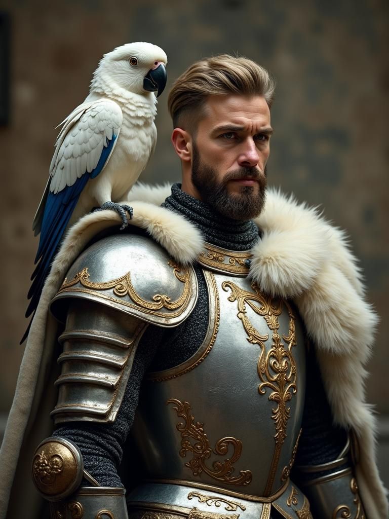 Regal Knight with Parrot in Ornate Silver Armor