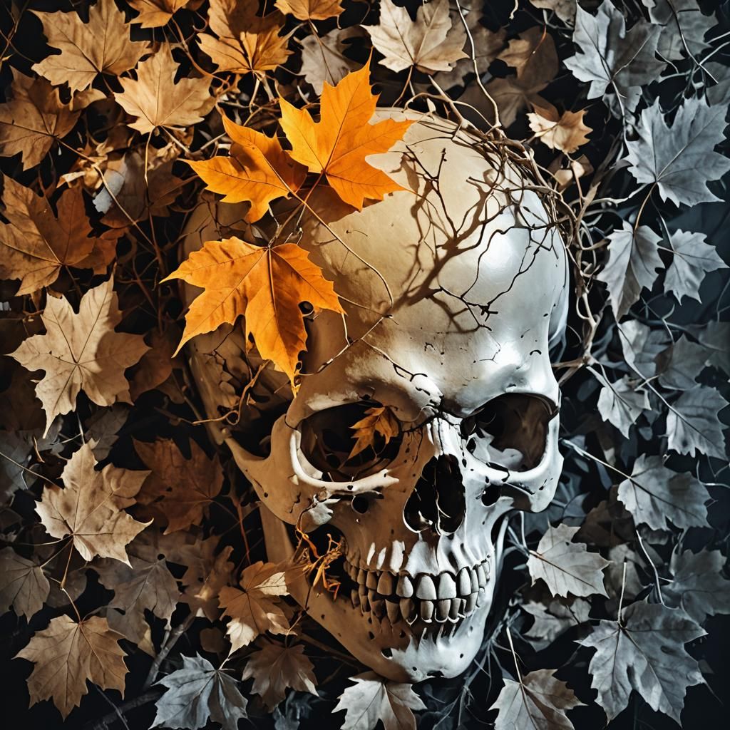 Surreal Rayograph: Skull, Branches, and Autumn Leaves