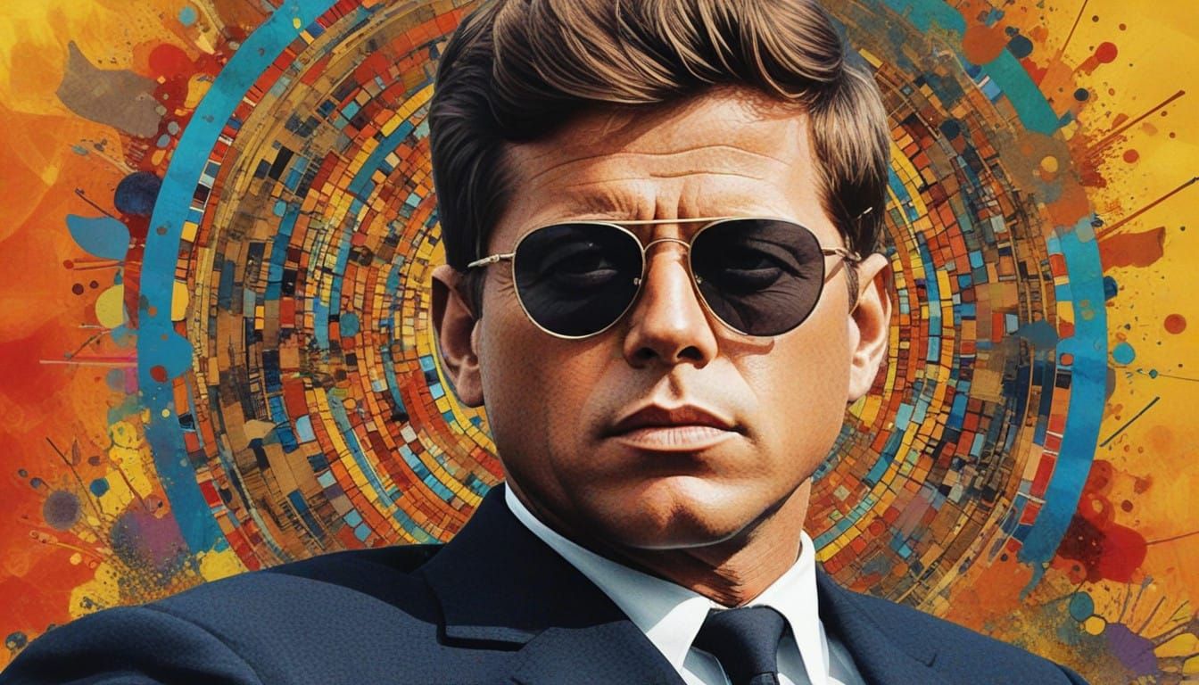 JFK in Psychedelic Landscape with Graffiti and Klimt Element...