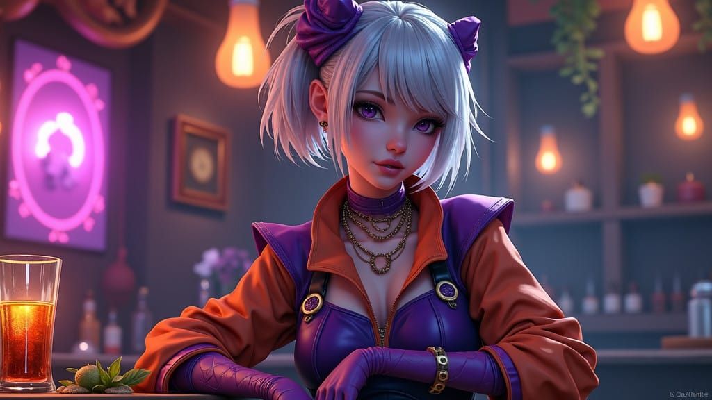 Cyberpunk Tavern Keeper in Vibrant, High-Fantasy Attire