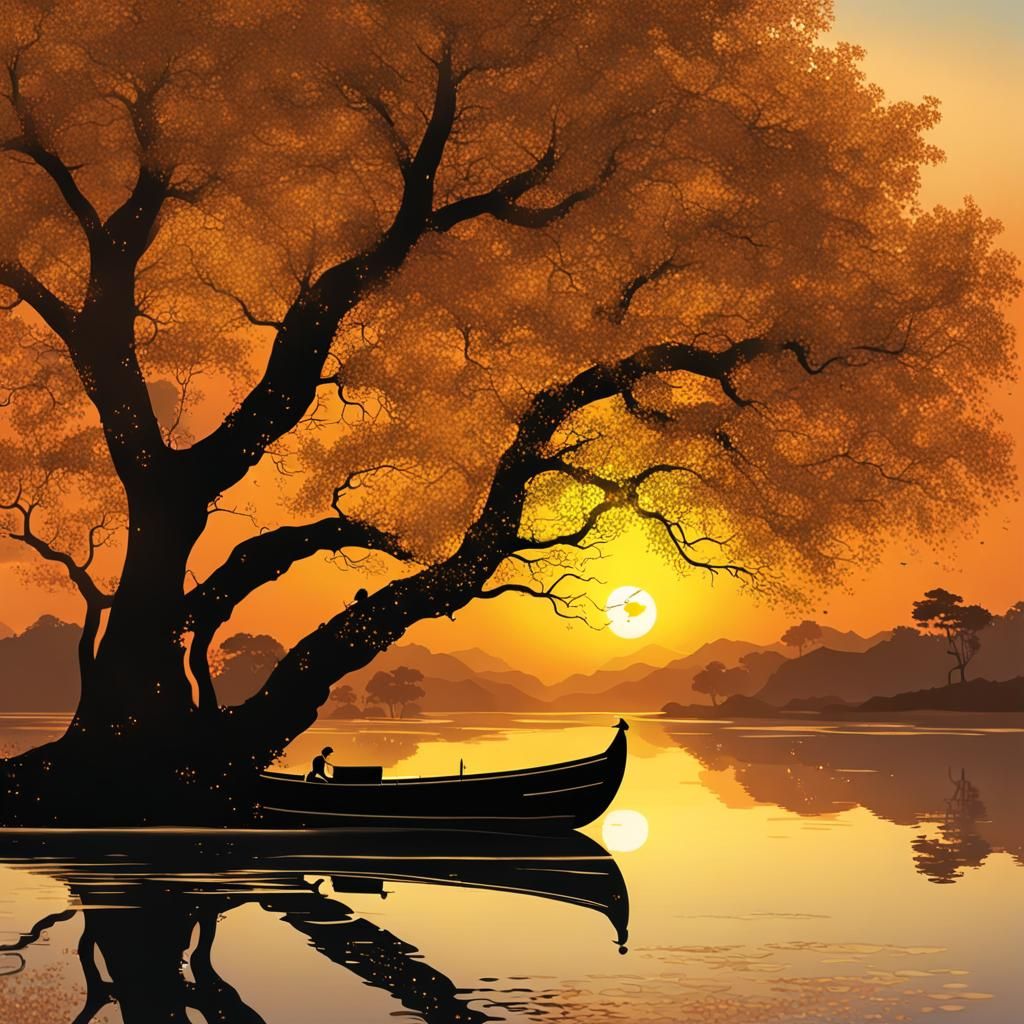 Sunset Boat on Lake in Anime Style