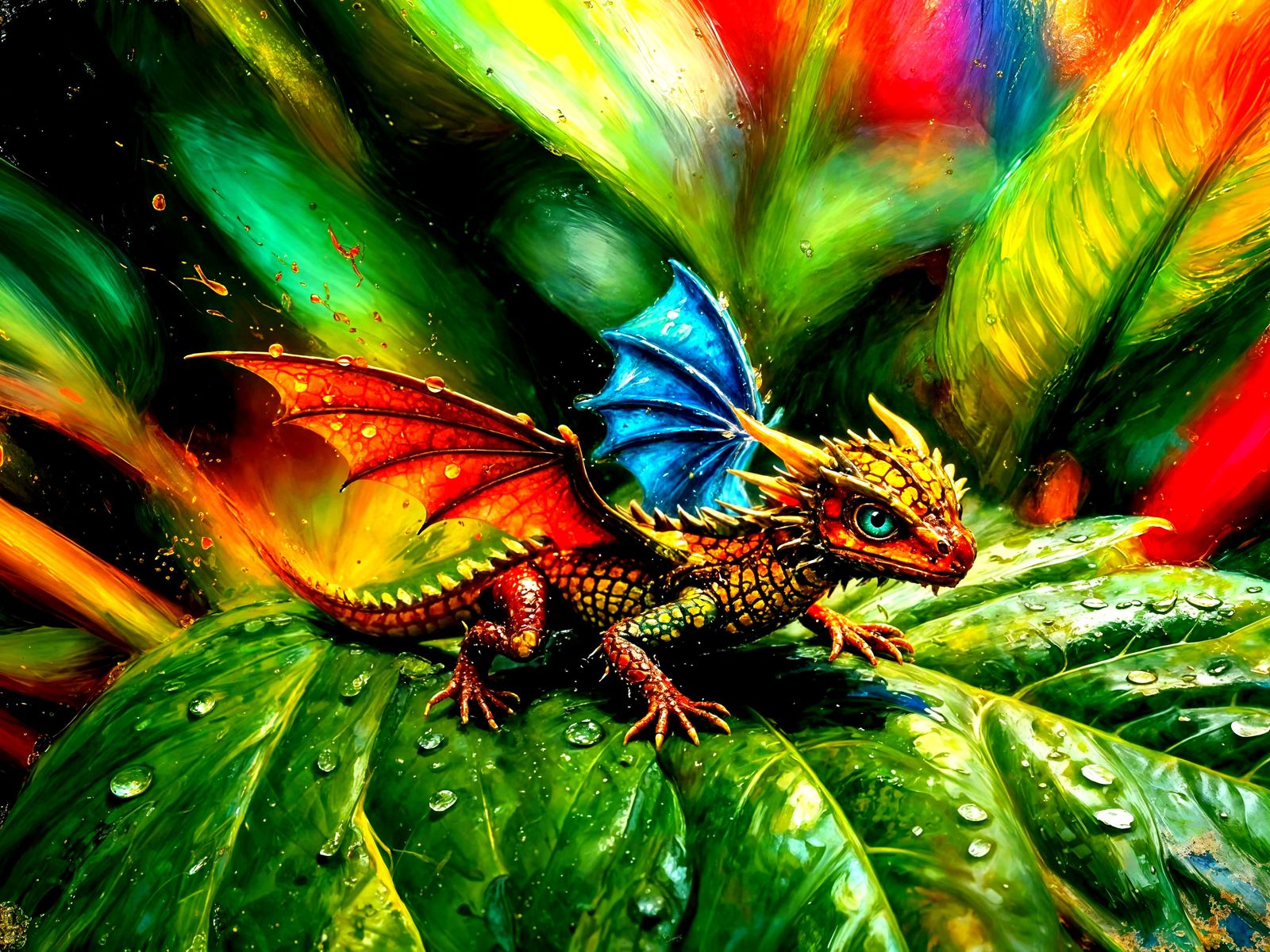 Macro View of Tiny Dragon on Dewy Tropical Leaf