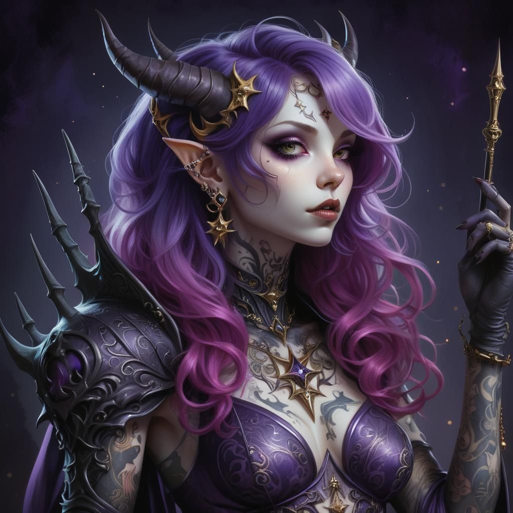 Gothic Woman Portrait with Purple Hair in Ligne Claire