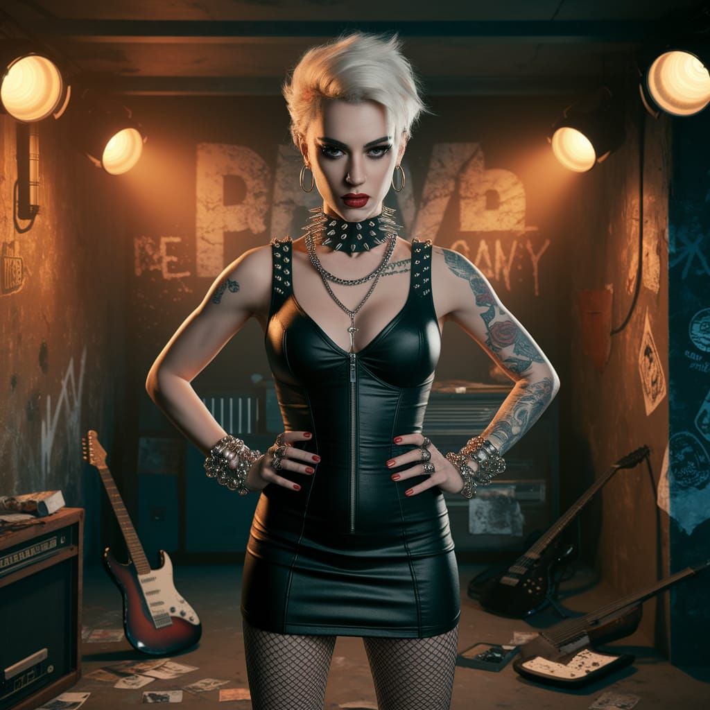Unhinged Punk-Goth Rockstar in a Chaotic Garage