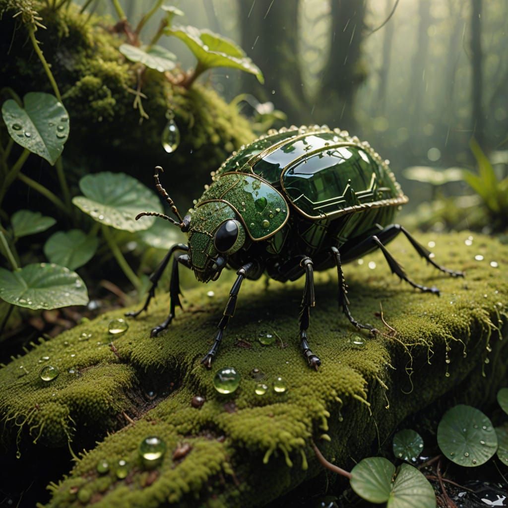Emerald Jewel Reflects Golden Light on Mossy Rock