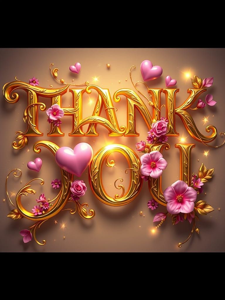 A digital artwork with the name "THANK YOU" in golden, swirling, elegant letters. The letters are adorned with pink hear...