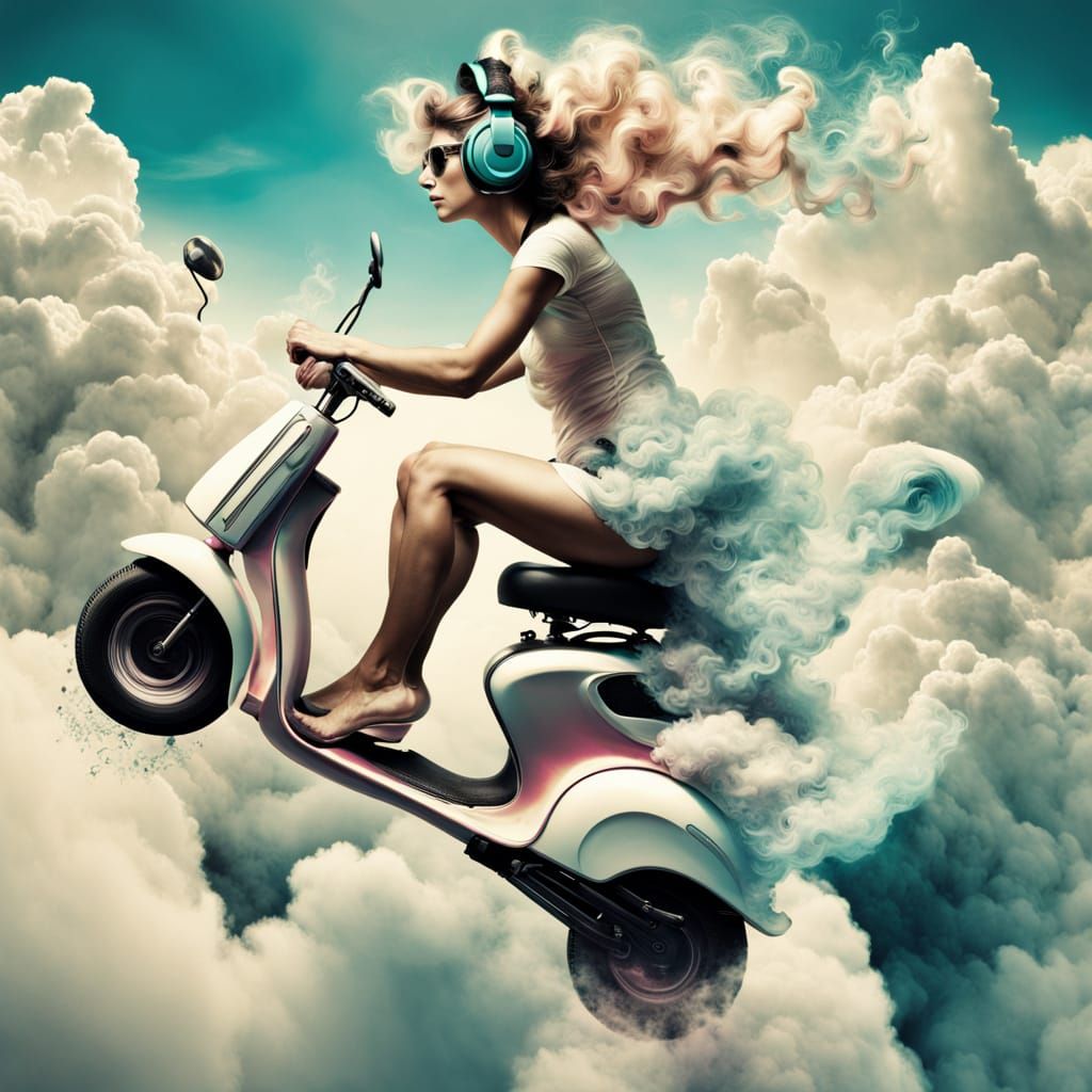 Surreal Cityscape with Woman Riding E-Scooter on Clouds