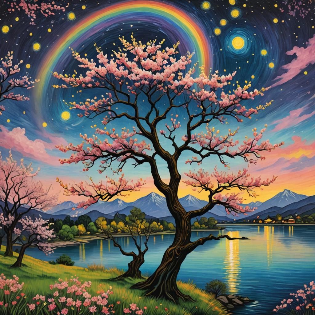 Sakura Tree Crayon Drawing with Rainbow Colors