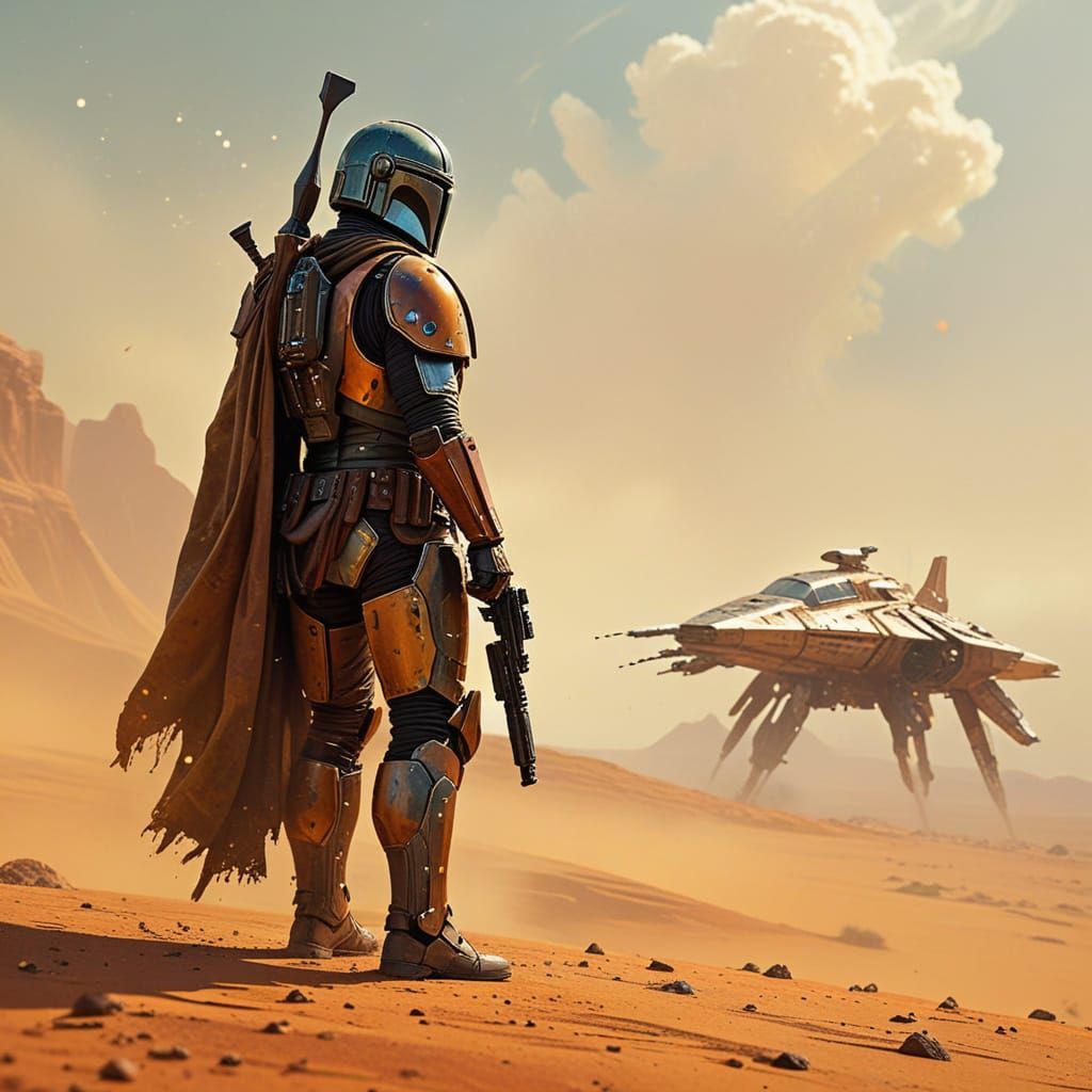 Vibrant Mandalorian Warrior in Desert Landscape with Starshi...