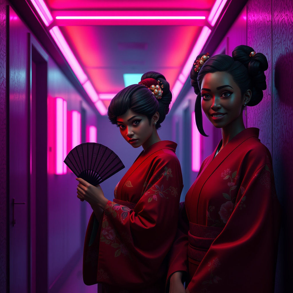 Ominous Hotel Hallway: Crimson Kimonos in Neon Glow