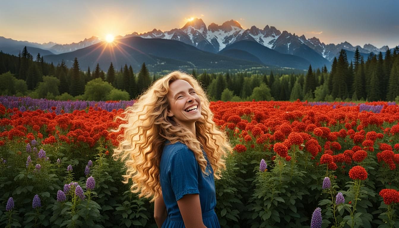 Laughing Woman in Flower Field at Sunset