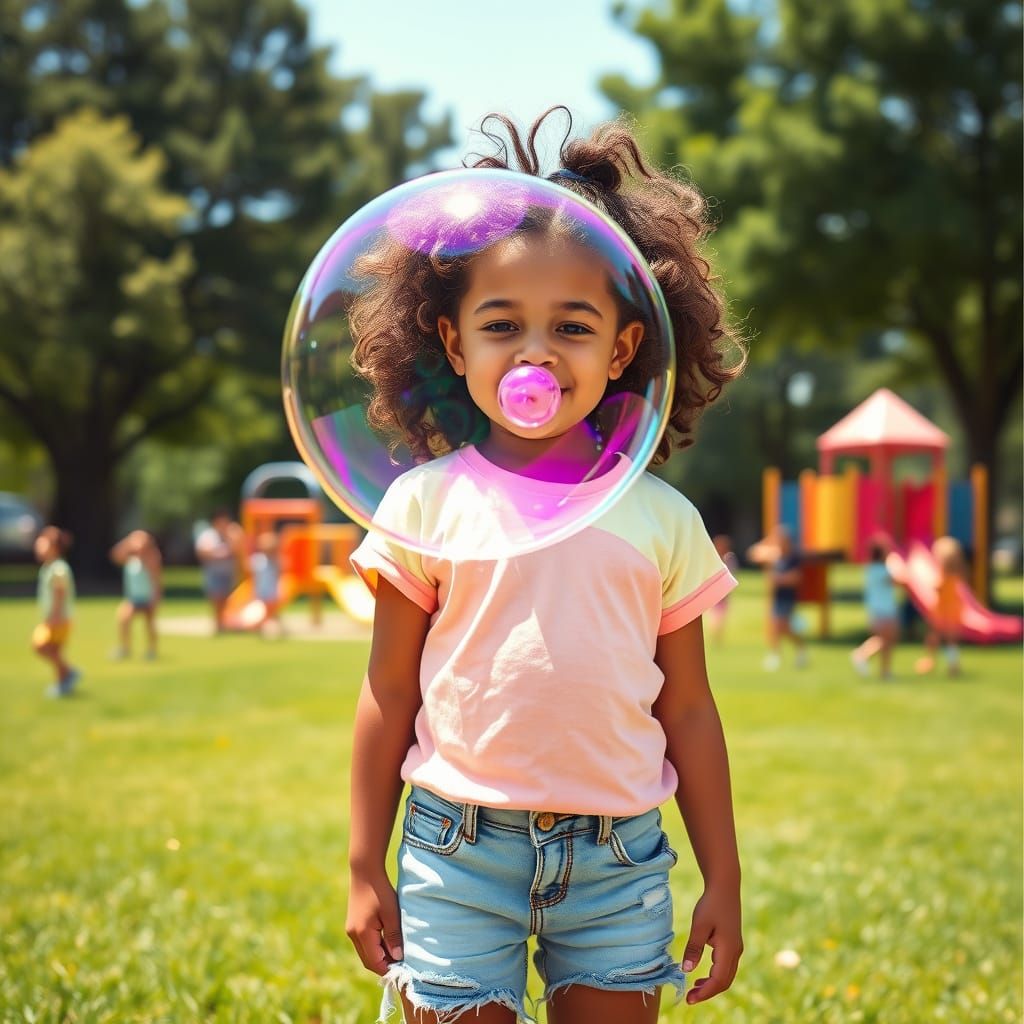 Joyful Girl Blows Giant Bubble Gum Bubble in Vibrant Park Sc...