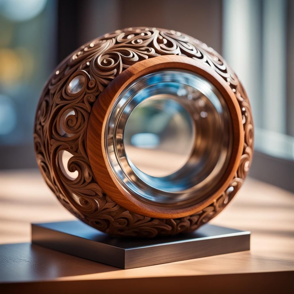 Photorealistic Carved Wood Art with Glass and Steel